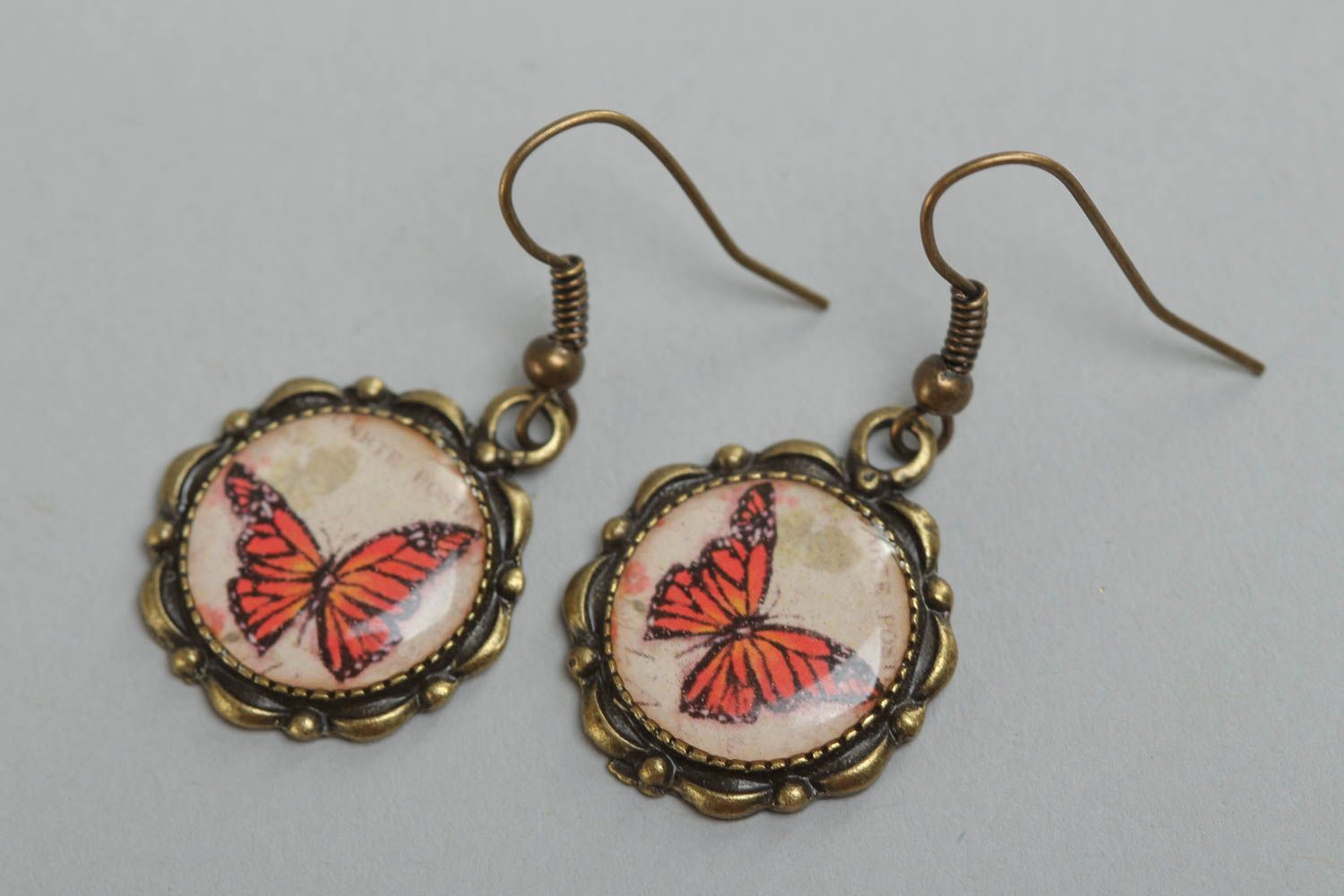 Handmade vintage earrings made of glass glaze with beautiful butterfly prints  photo 2