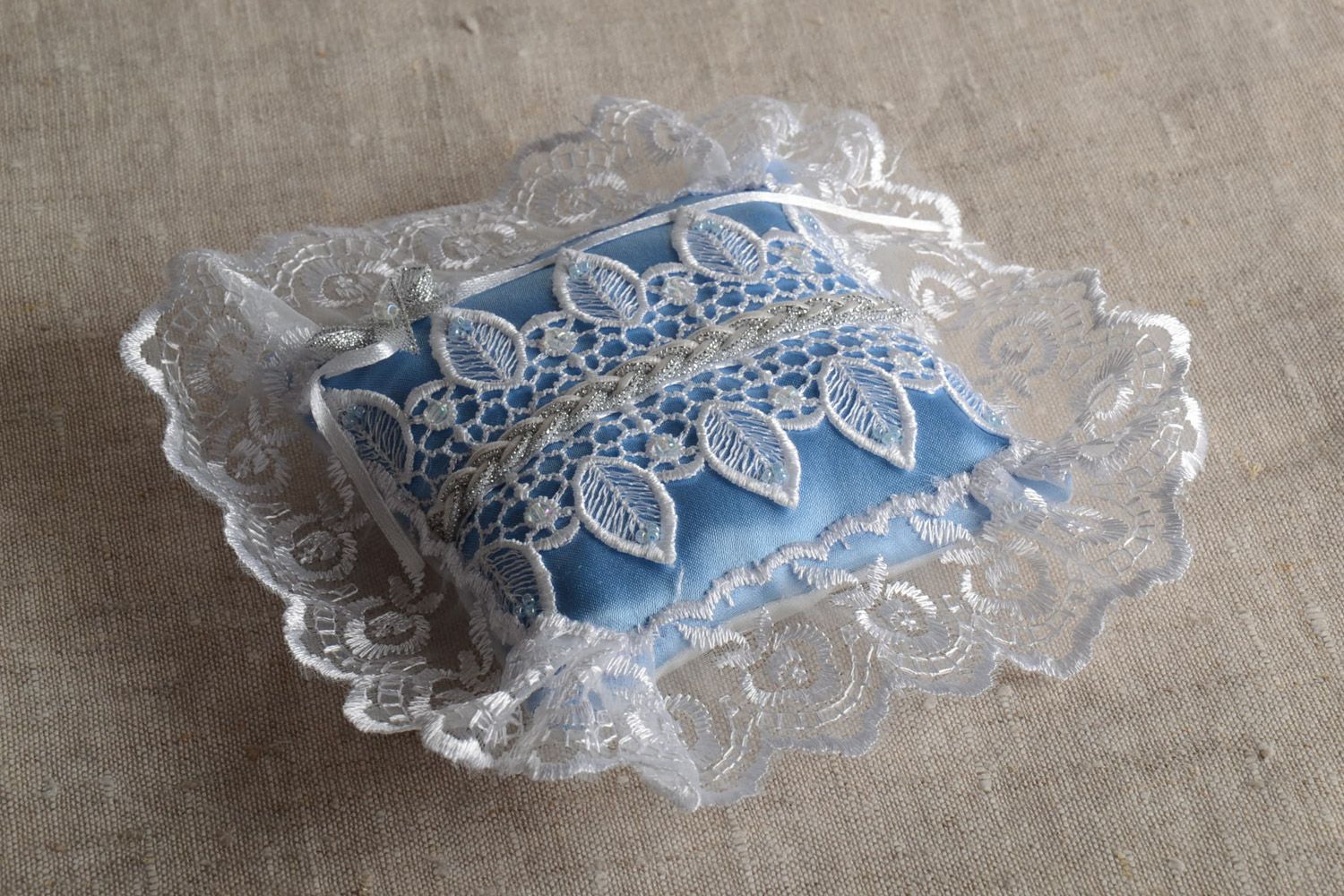 Handmade wedding rings pillow sewn of blue satin with white lace and Czech beads photo 1
