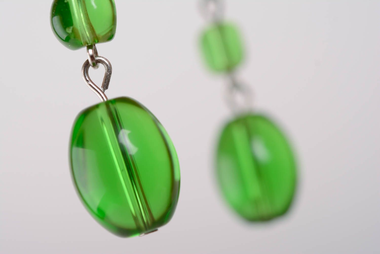 Handmade designer earrings made of glass beads long beautiful green jewelry photo 2