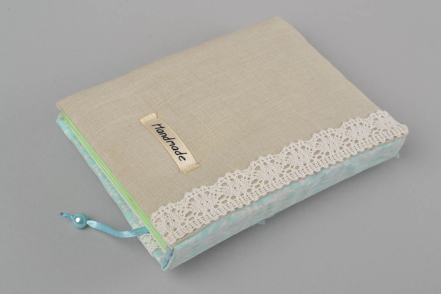 Handmade decorative designer notebook with blue soft fabric cover with flowers photo 5