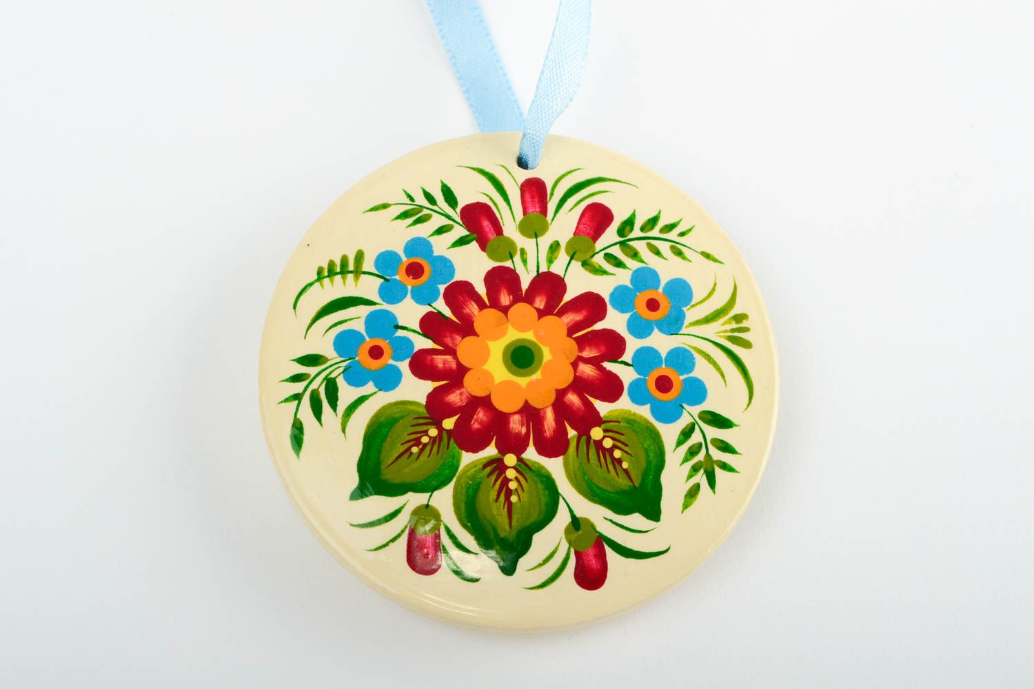 Pendentif rond Bijou fait main en bois peint à motif floral Cadeau femme photo 4
