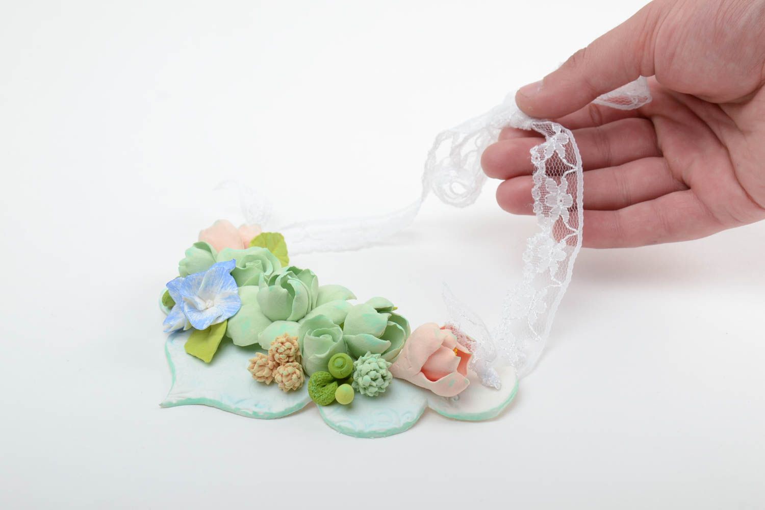 Collier en pâte polymère autodurcissante avec fleurs sur ruban fait main femme photo 2