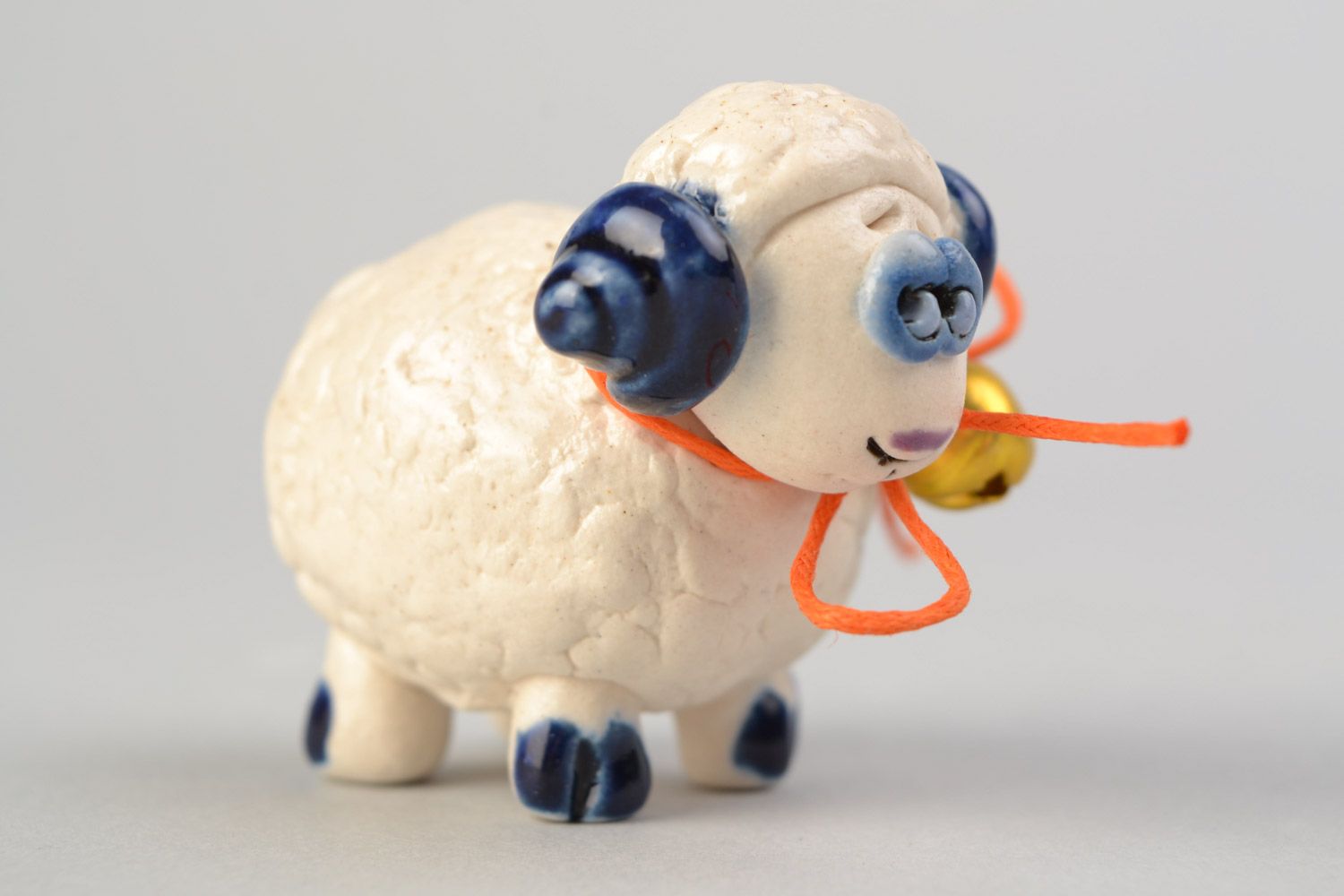 Handmade decorative figurine made of clay small sweet sheep with white glaze painting  photo 1