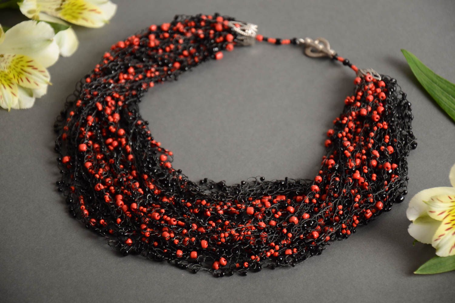 Handmade volume airy expressive necklace crocheted of red and black Czech beads photo 1
