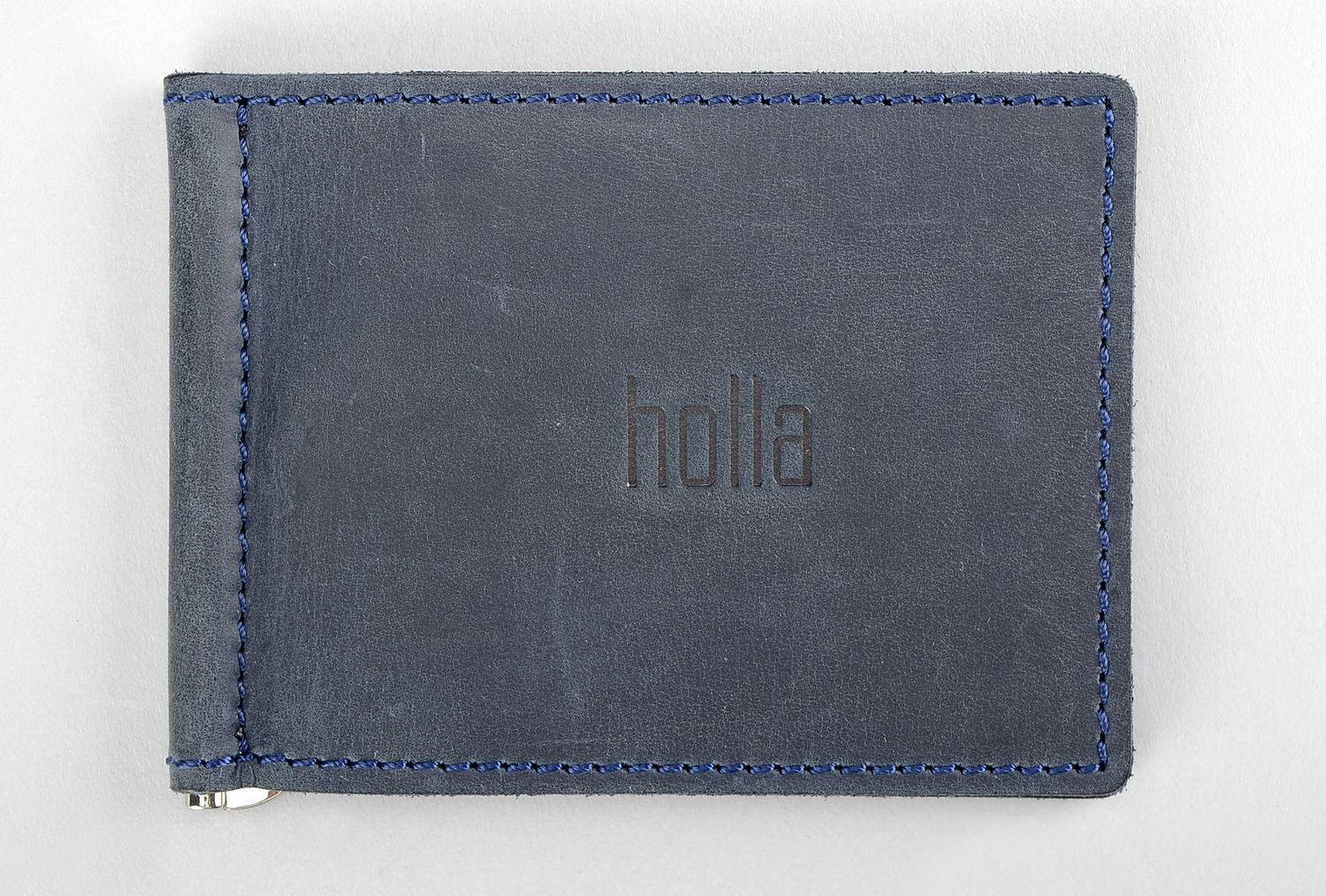 Portefeuille avec pince à billets en cuir bleu  photo 1