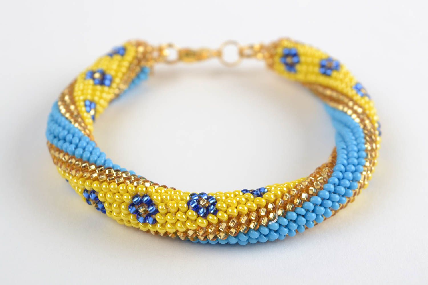 Bracelet spirale Bijou fait main Cadeau femme en perles de rocaille jaune bleu photo 3
