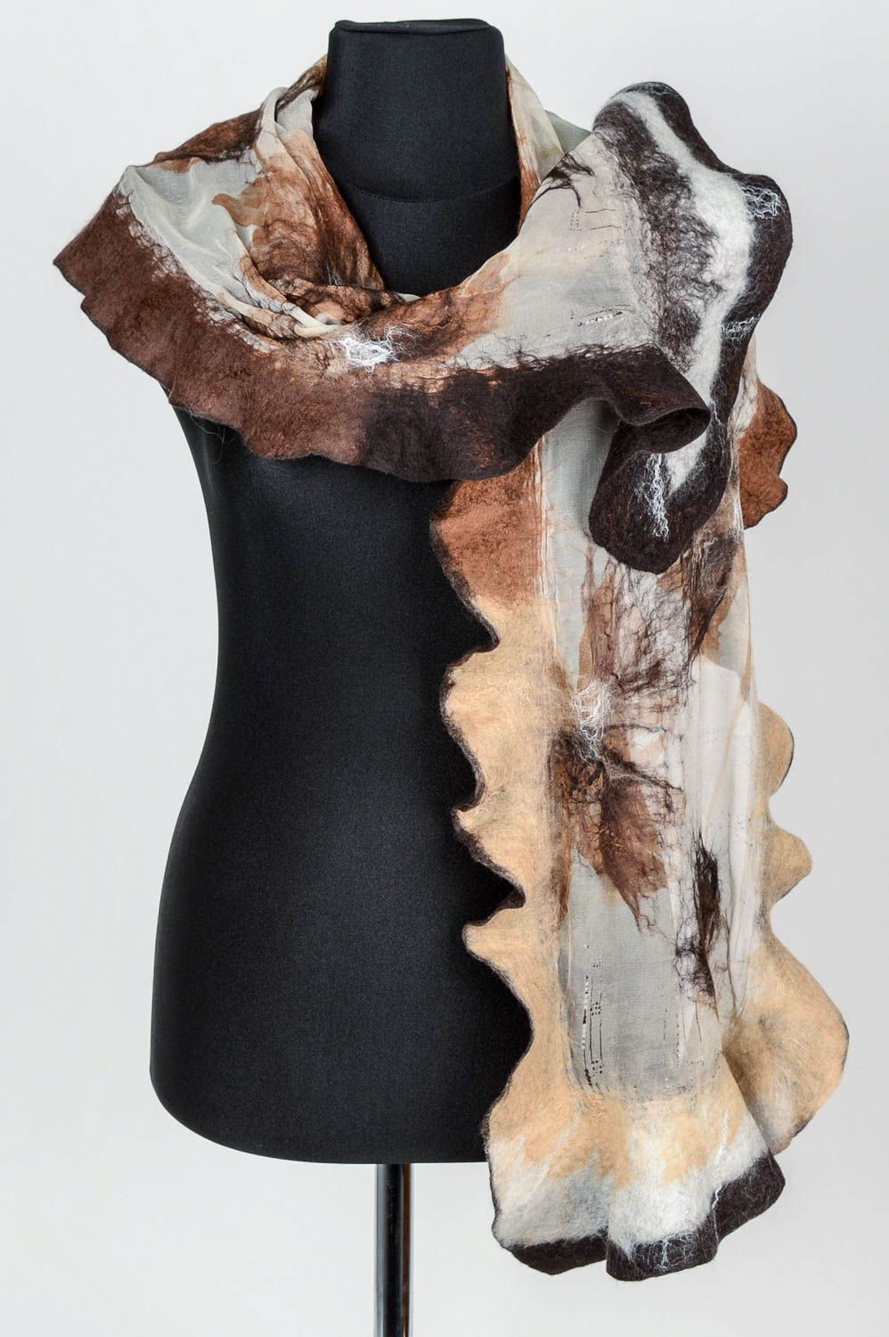Écharpe laine Accessoire fait main Cadeau femme marron originale feutrage photo 1