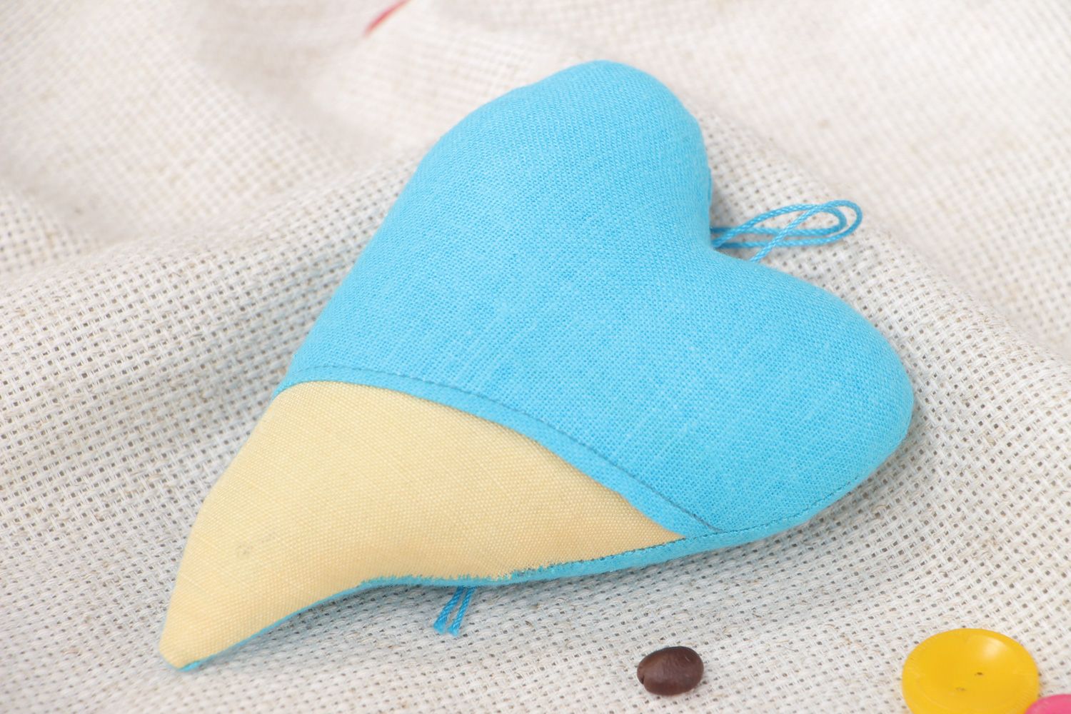 Handmade designer fabric soft interior pendant heart of yellow and blue colors photo 5