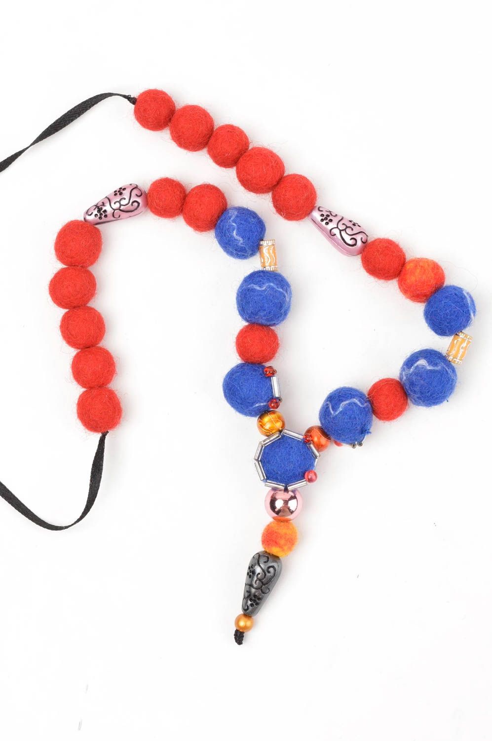 Handmade Halskette aus Wolle Damen Collier Accessoire für Frauen blau rot foto 3