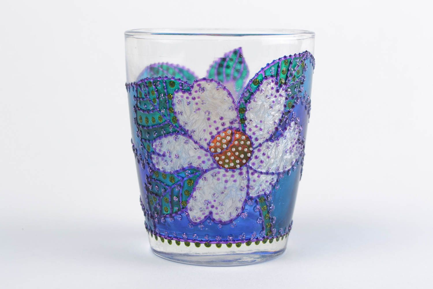 Bemalter Kerzenhalter aus Glas handmade Schmuck für Interieur blau mit Blumen foto 3