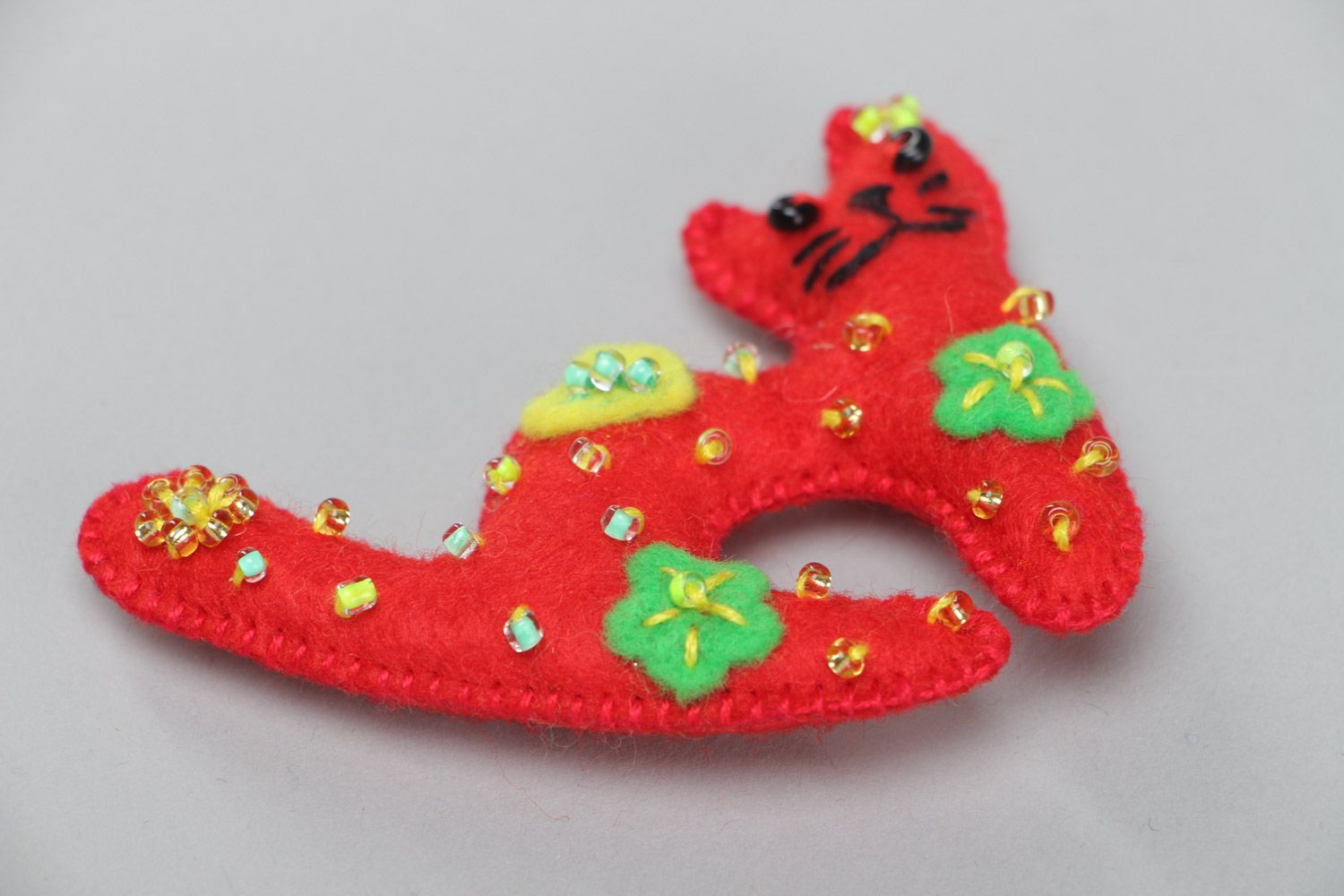 Bright red handmade soft toy kitten sewn of felt for decor of child's room  photo 2