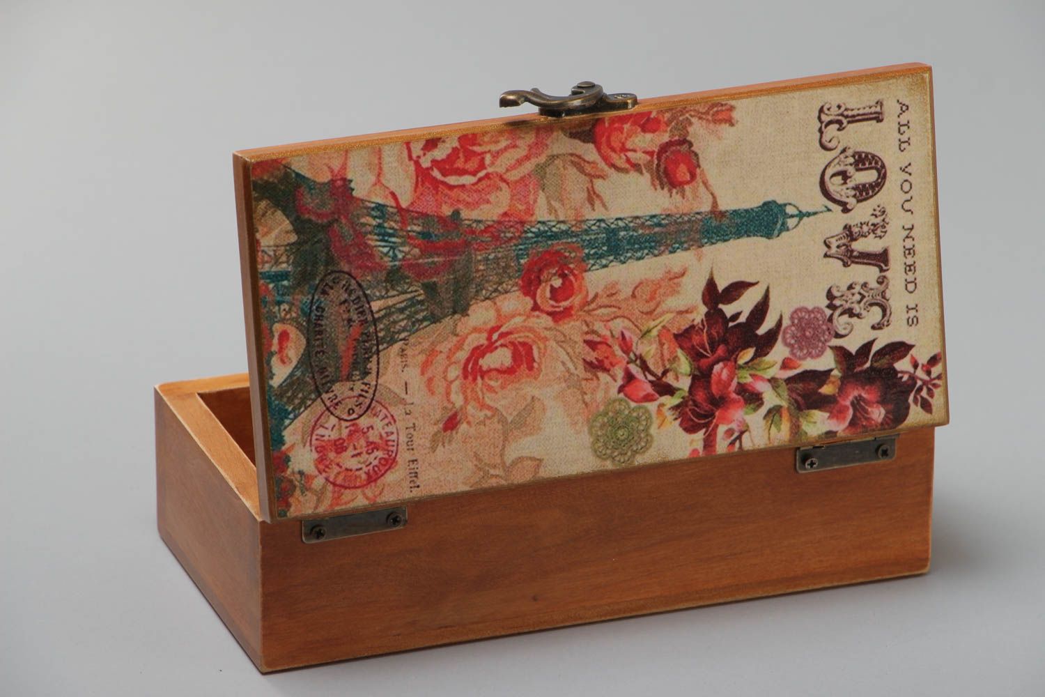 Handmade rectangular wooden jewelry box covered with wood stain and painted with acrylics photo 2