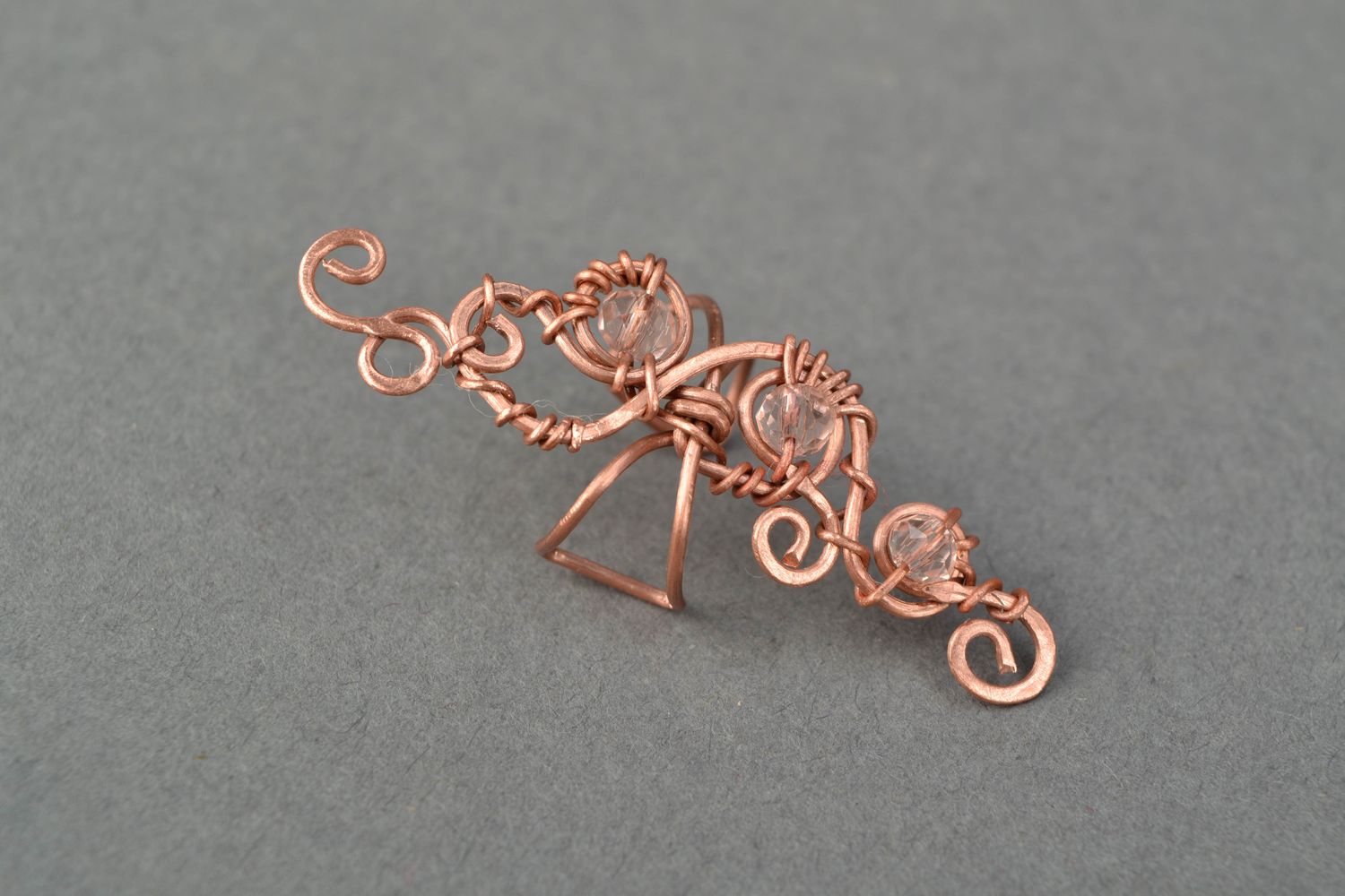 Wire wrap copper cuff earring with pink crystal photo 3