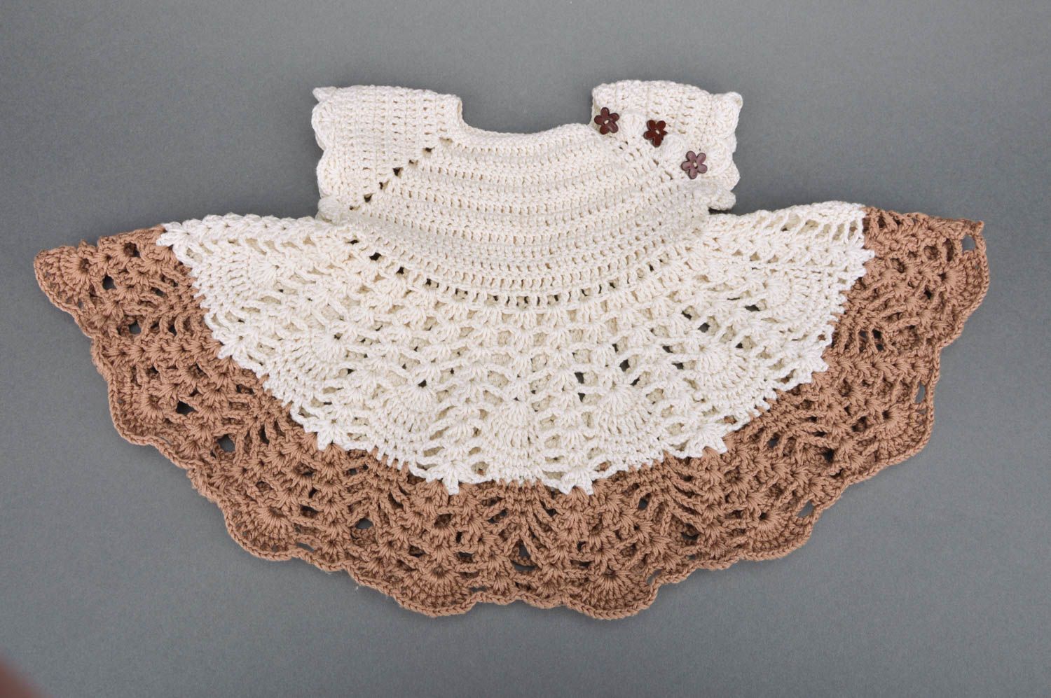 Handmade baby girl lace dress crocheted of acrylic threads beige and brown photo 2