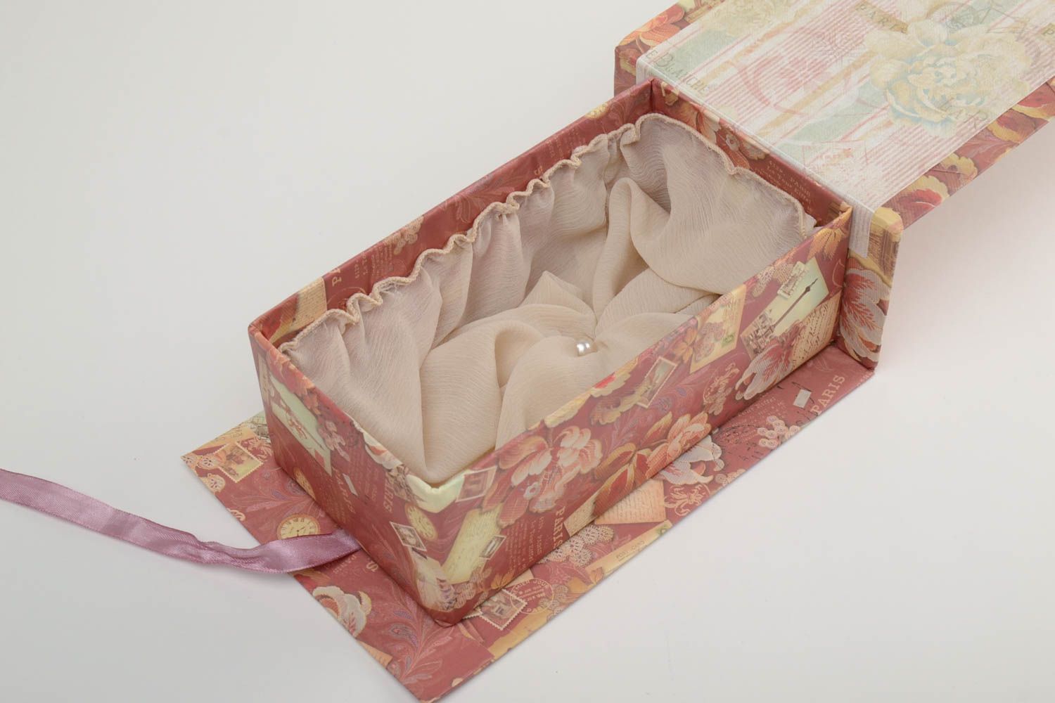 Decorative handmade box for gifts with ribbons and cloth inside made of cardboard photo 4