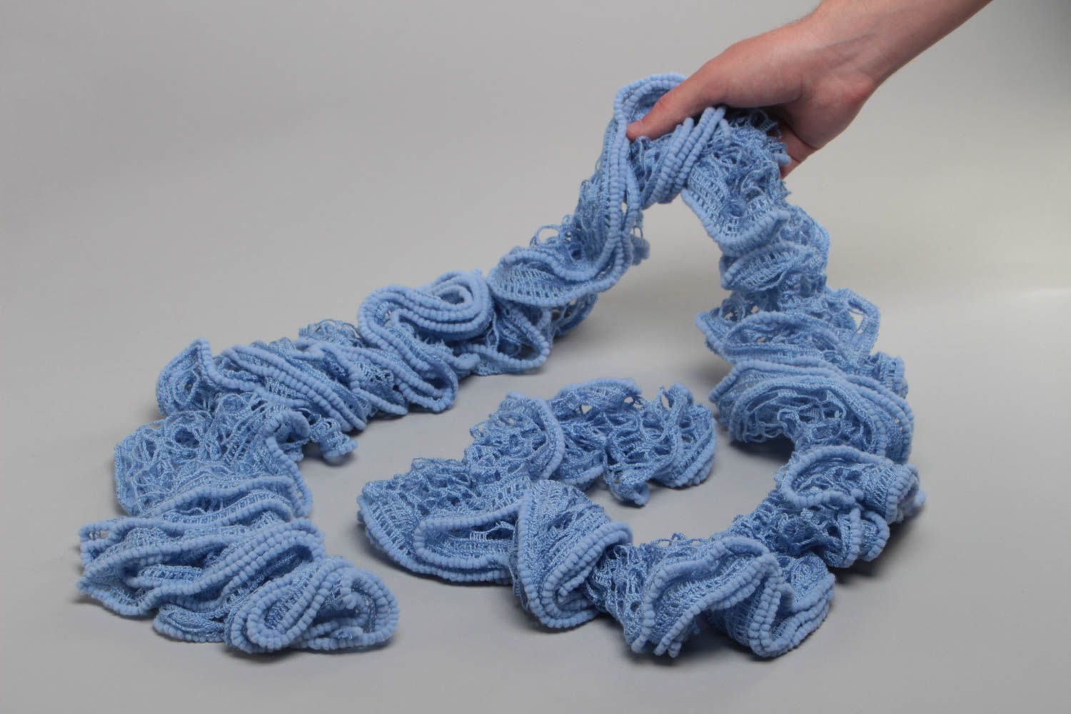 Beautiful stylish women's handmade narrow crochet scarf of blue color photo 5