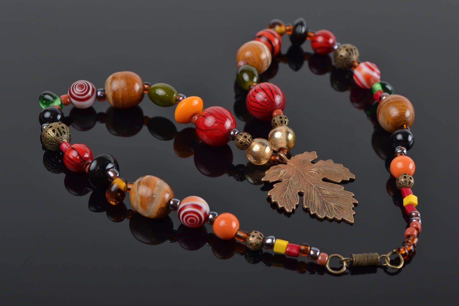 Beautiful homemade designer glass bead necklace with natural jade stone Autumn photo 1