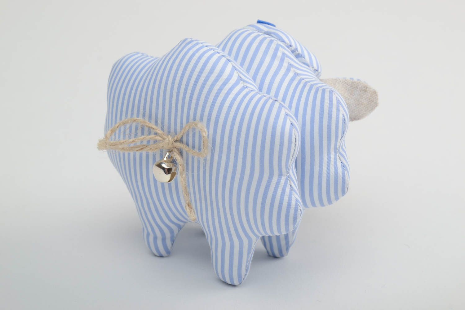 Handmade small soft toy lamb sewn of blue and white striped linen fabric photo 4