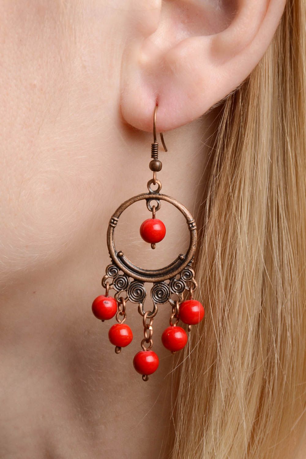 Handmade designer wire wrap copper dangling earrings with small red coral beads photo 2