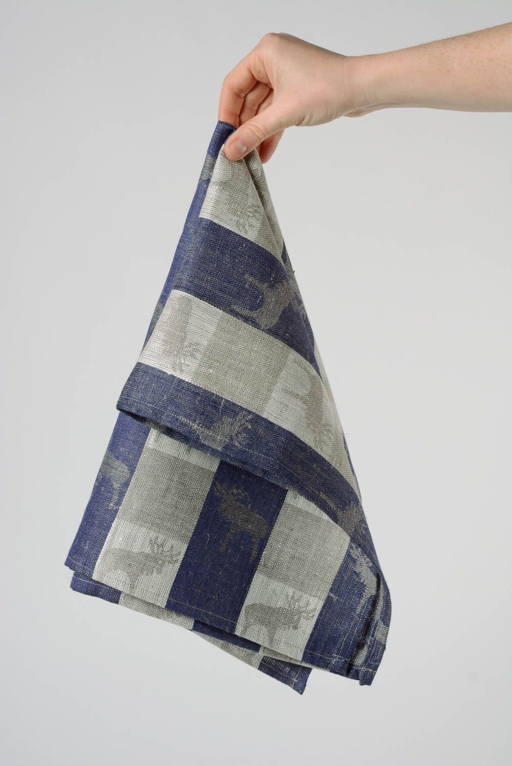 Handmade kitchen towel sewn of striped linen fabric in gray and blue colors photo 4