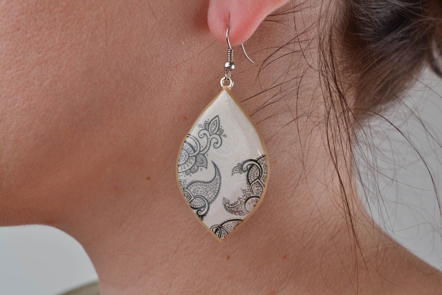 Unusual handmade designer polymer clay earrings with decoupage black and white photo 2