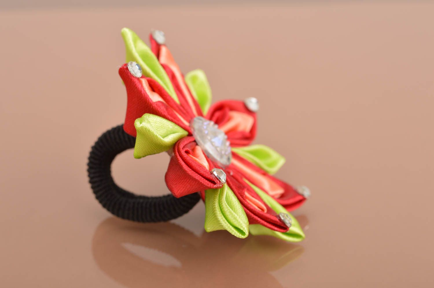 Children's scrunchy with red-green flower beautiful handmade hair accessory photo 5