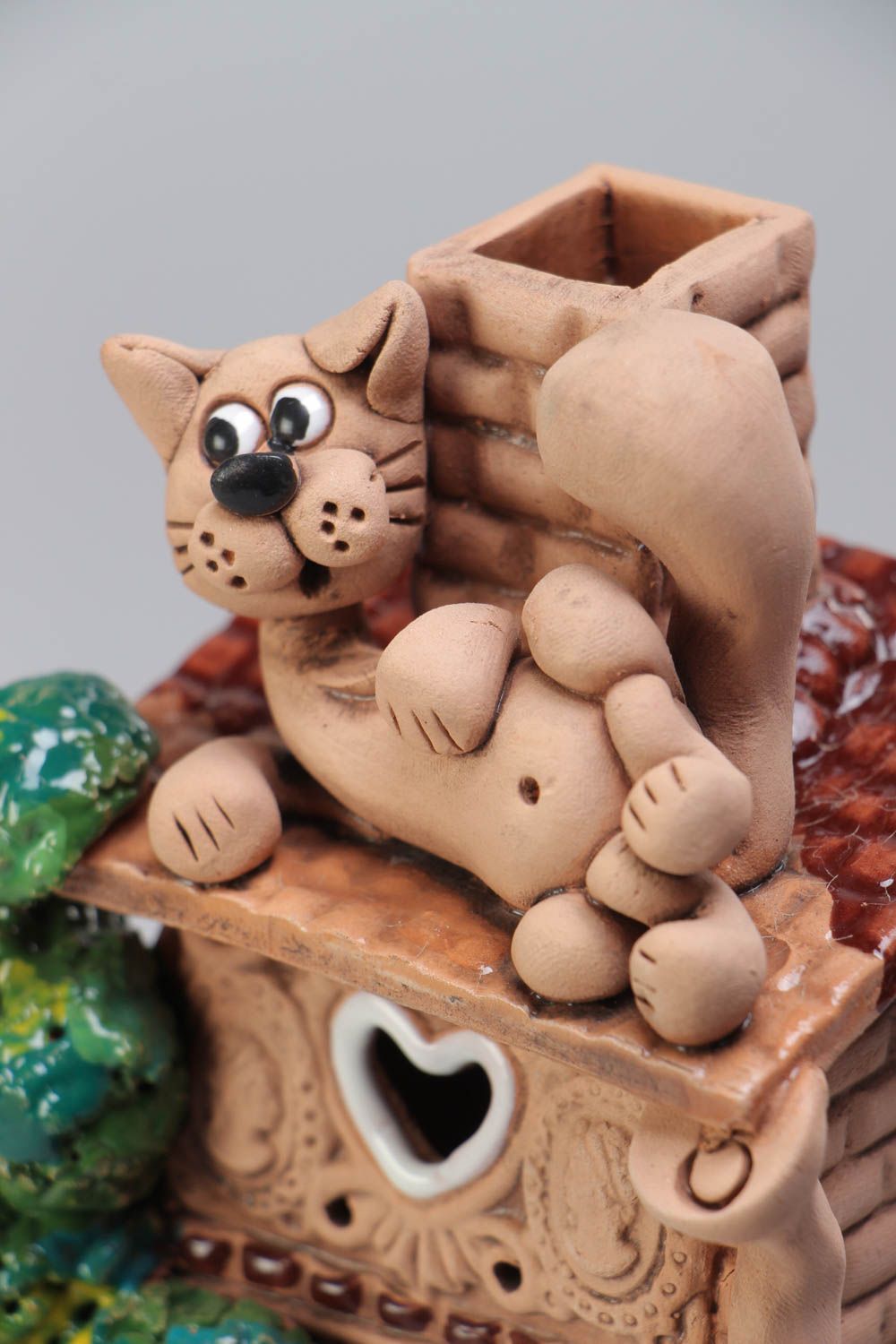 Bougeoir en terre cuite original fait main peint Maisonnette du chat photo 4