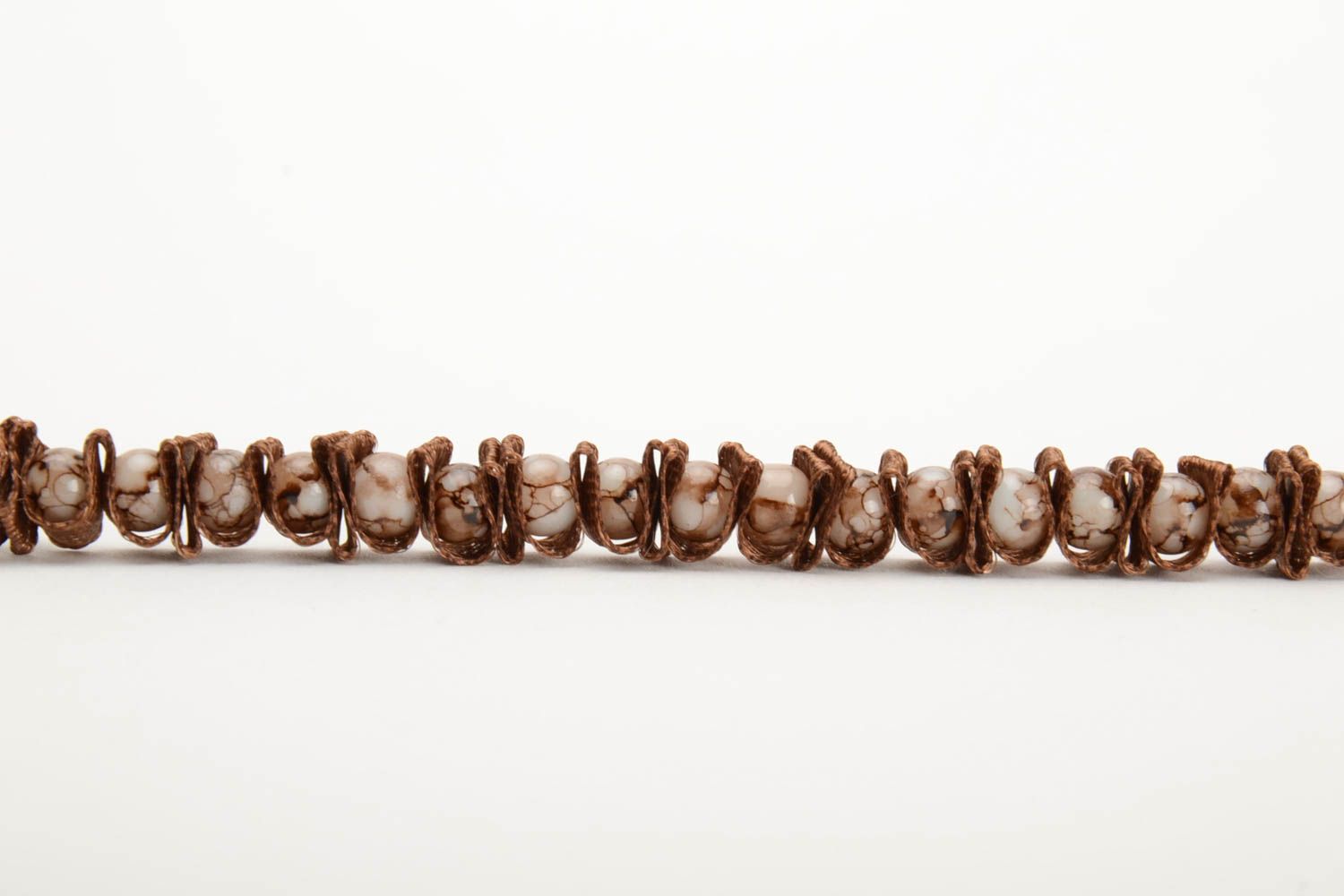 Brown handmade wrist bracelet woven of satin ribbon and glass beads Chocolate photo 4