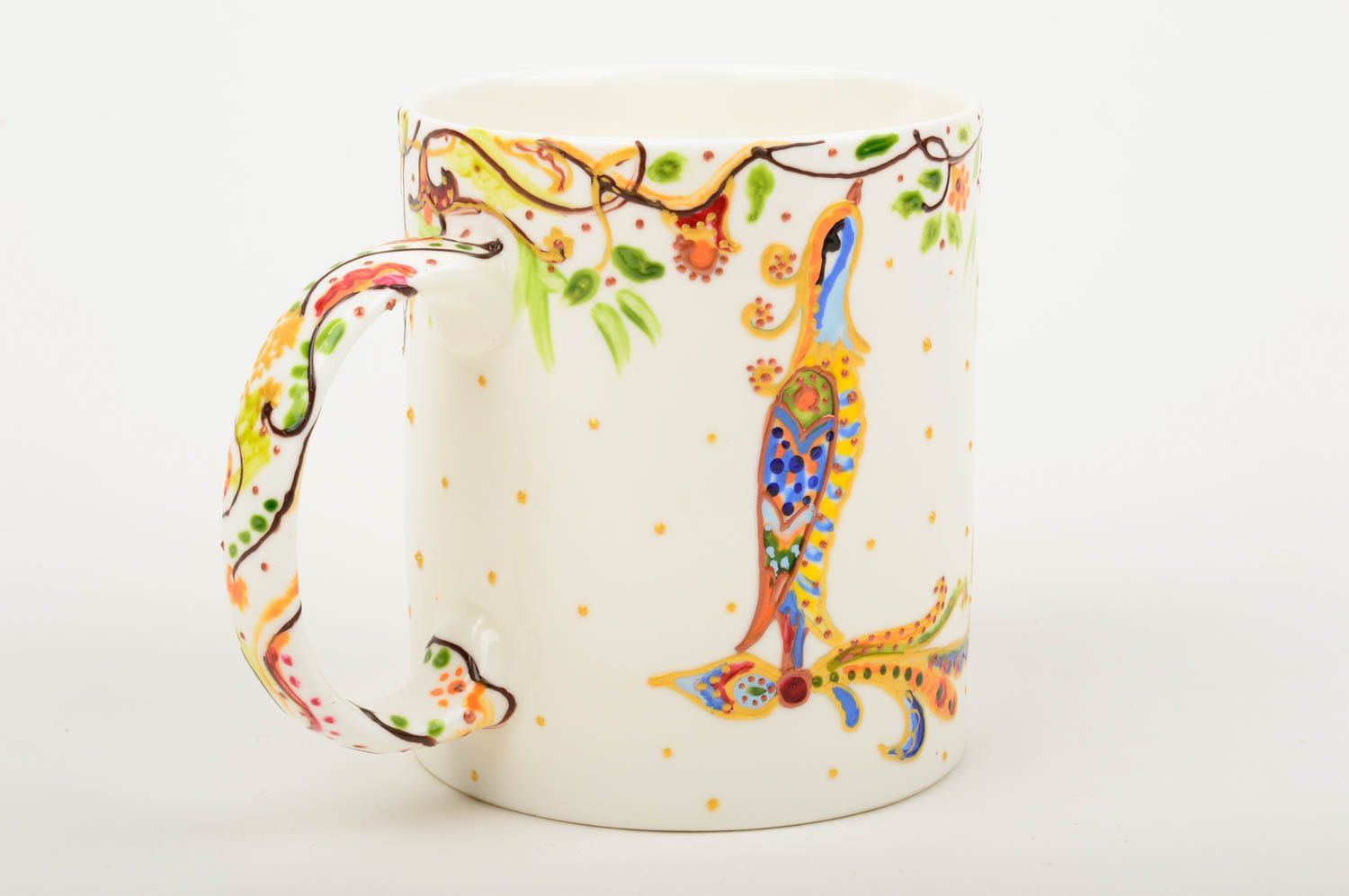 Ceramic coffee mug with parrot hand-painting and handle photo 2