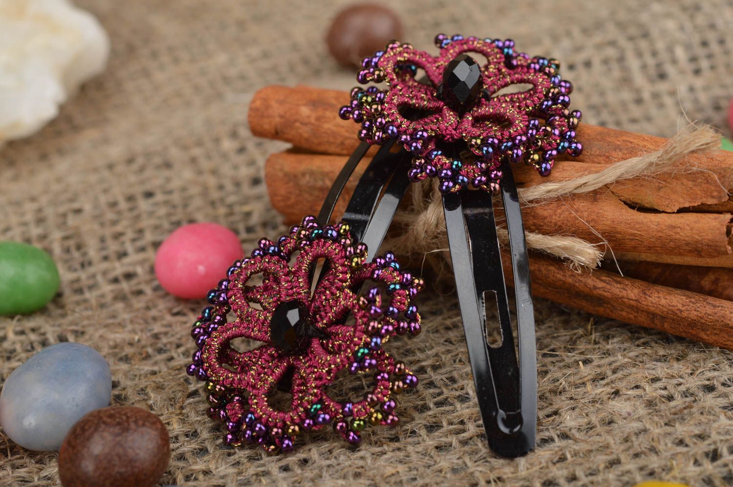 Handmade hair clips made of satin threads using tatting technique 2 pieces photo 1