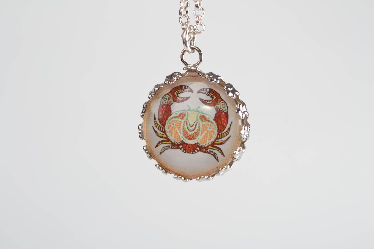 Handmade designer round glass pendant on long metal chain Zodiac sign Cancer photo 4