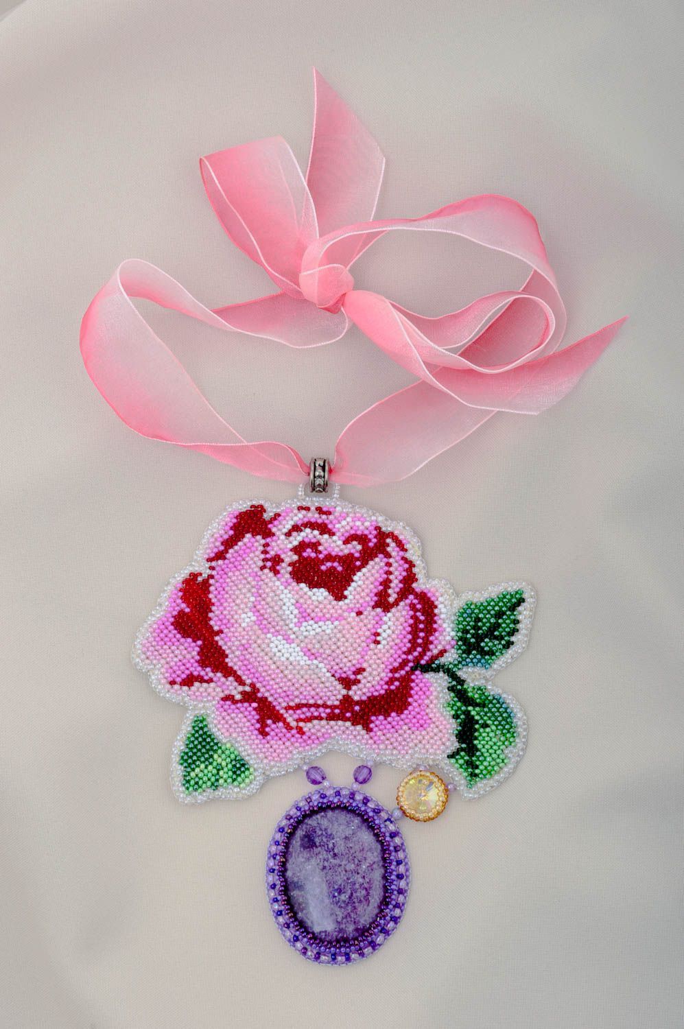 Handmade Damen Collier Glasperlen Schmuck massiv Geschenk für Frauen Rose foto 1