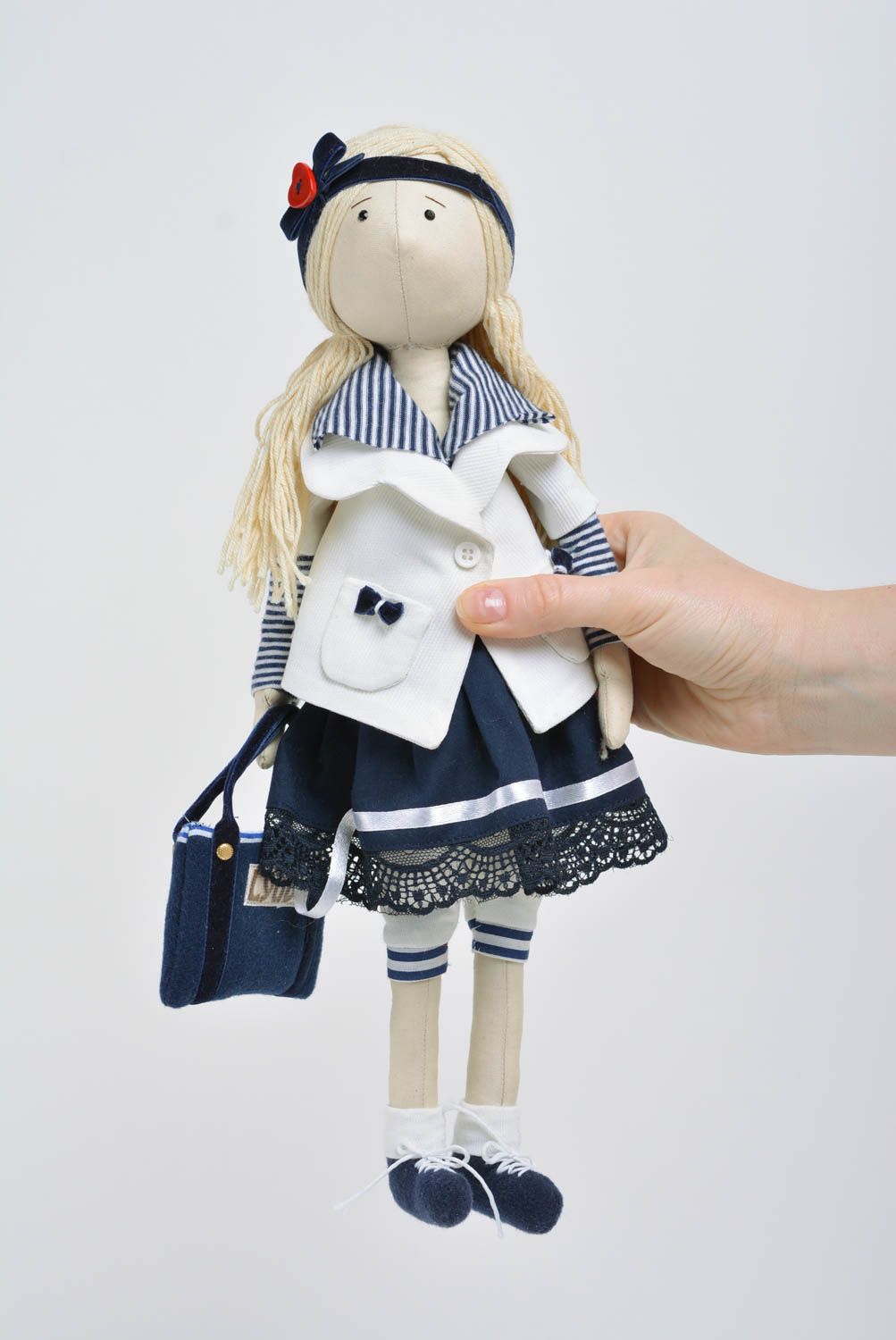 Handmade soft doll Lyuba sewn of cotton fabric in blue and white clothing photo 4
