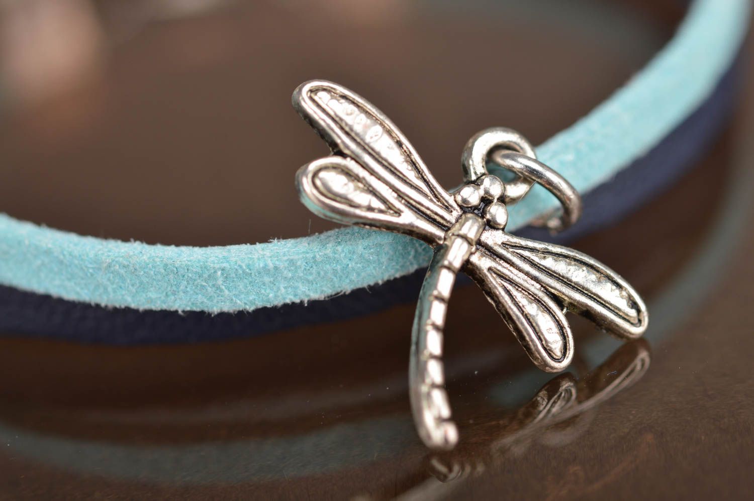Handmade designer genuine leather wrist bracelet blue with metal dragonfly charm photo 3
