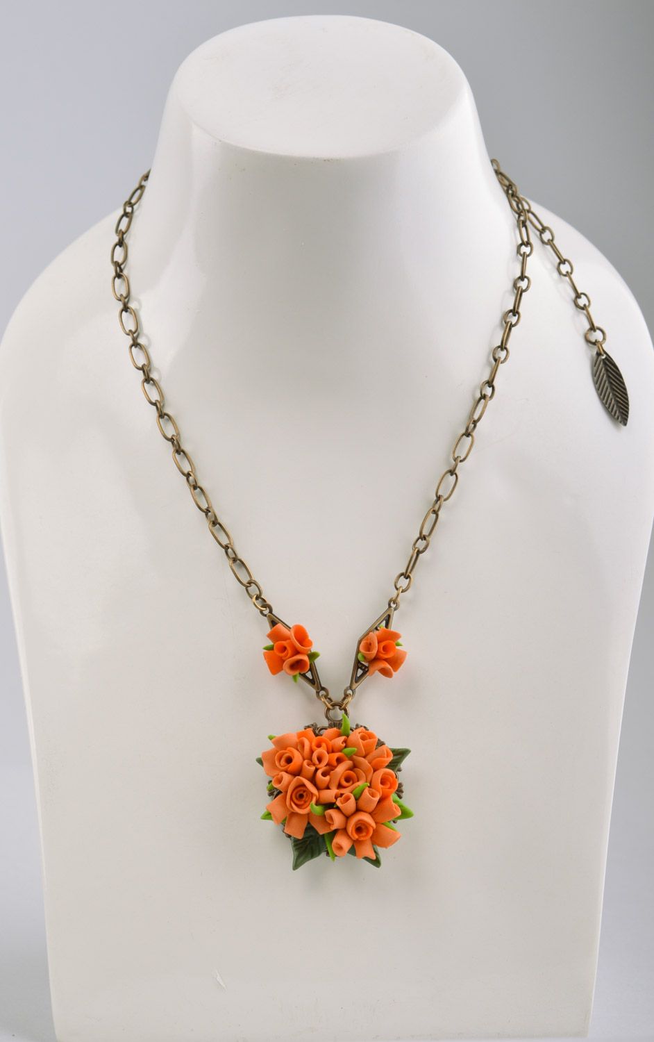 Handmade orange polymer clay flower pendant with long chain photo 3