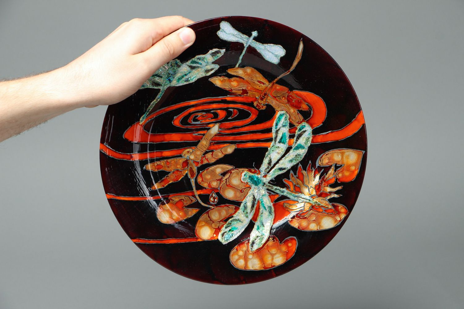 Стеклянная тарелка с витражной росписью Стрекоза фото 4