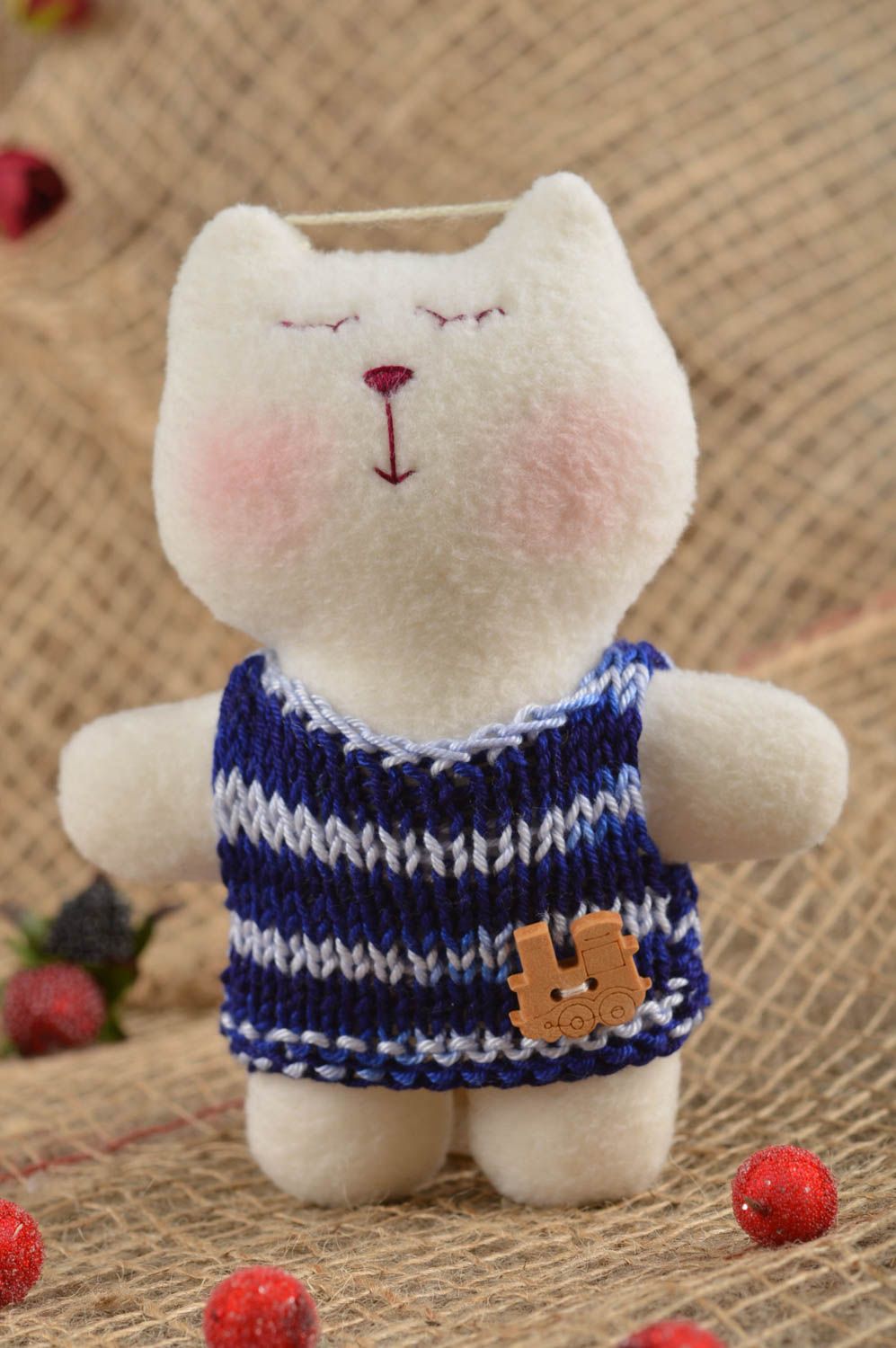Katze Kuscheltier handmade Stoff Kuscheltier Geschenk für Kinder in weiß blau foto 1