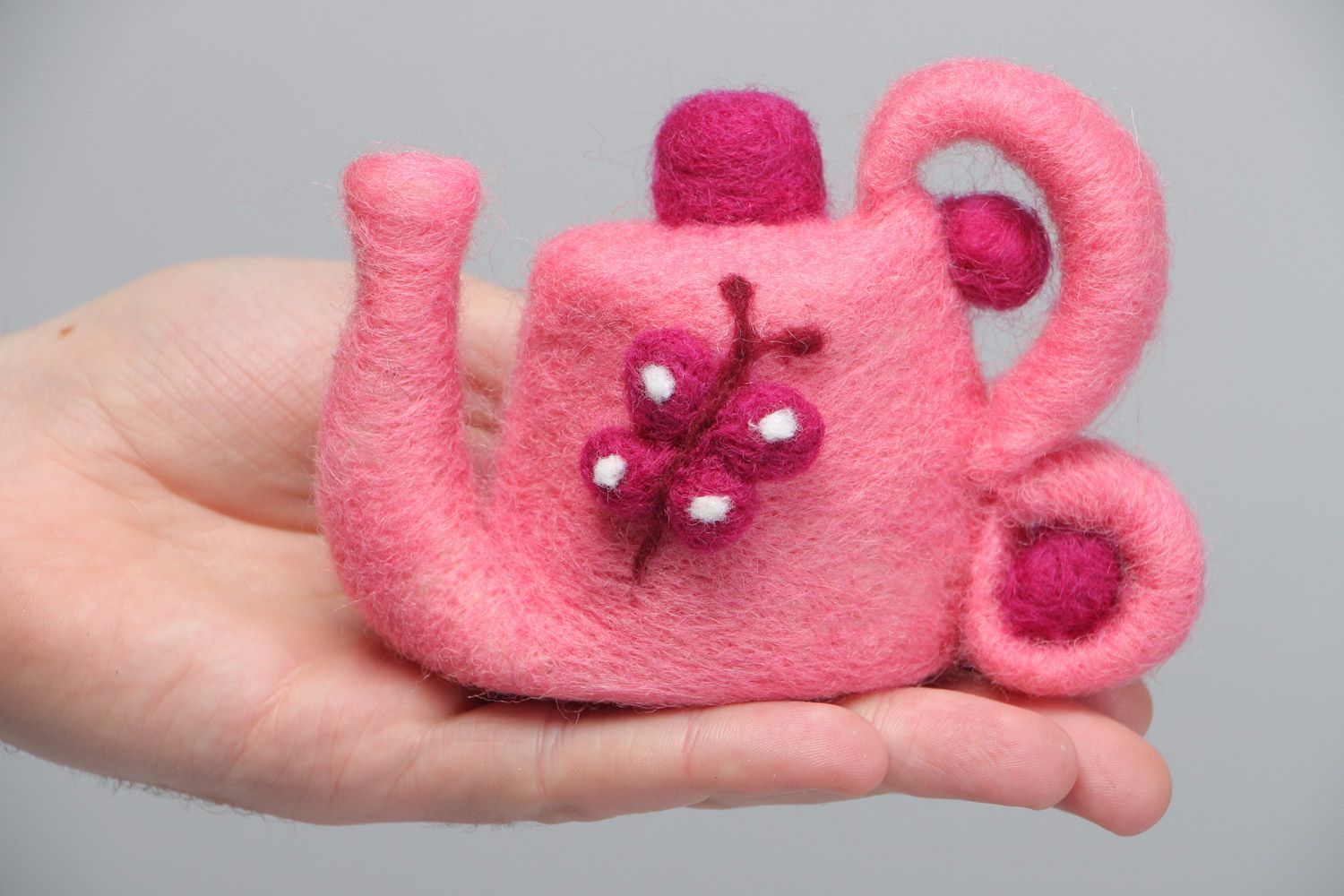 Handmade decorative figurine felted of natural wool Pink Teapot photo 5