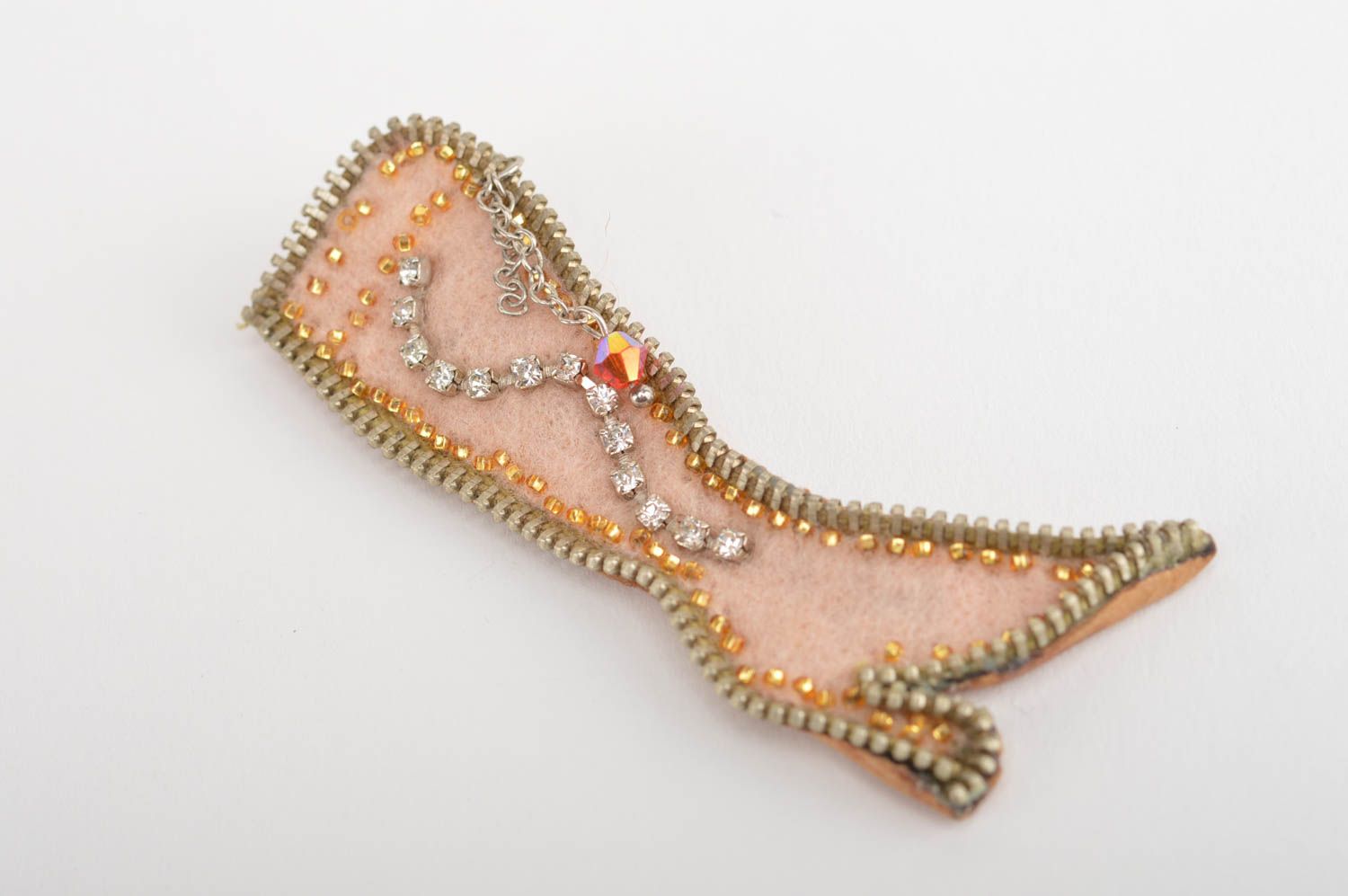 Handmade designer brooch unusual beaded leather accessory elegant jewelry photo 3