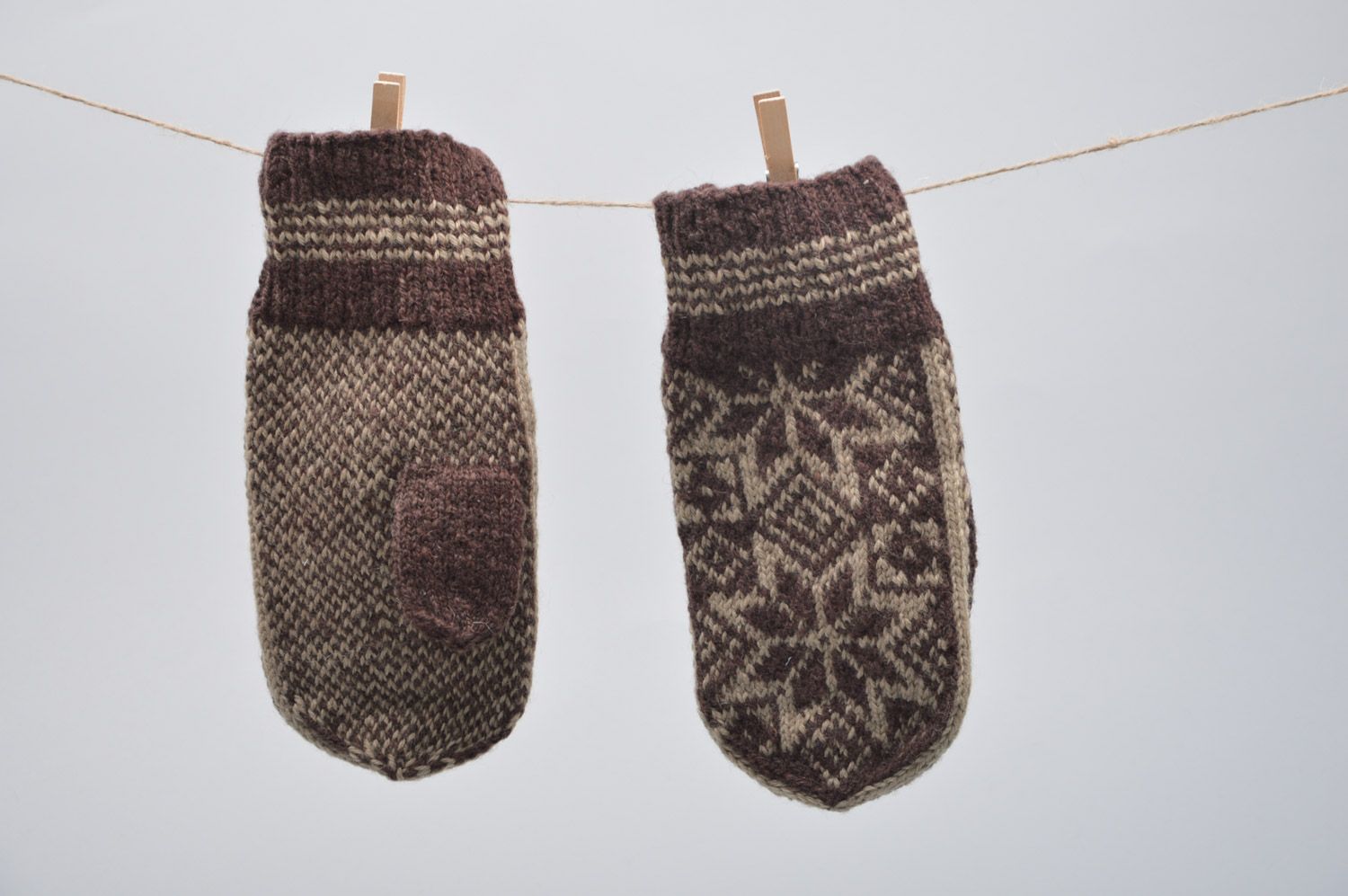 Wonderful warm winter homemade mittens with ornament knitted of wool for men photo 5