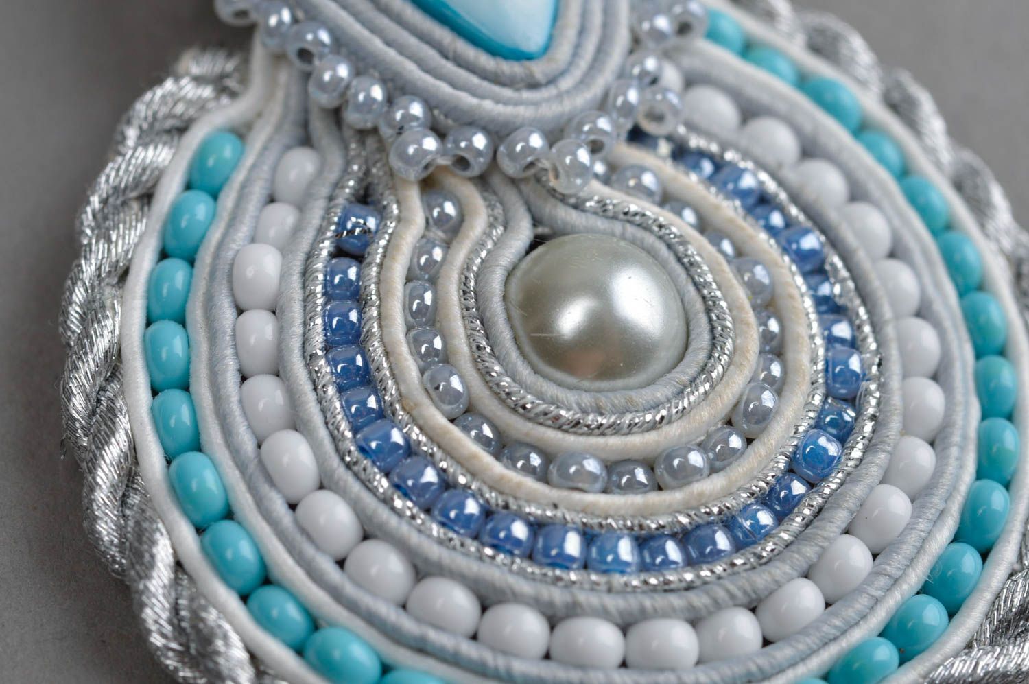 Handmade unusual pendant soutache designer accessory jewelry with pearls photo 5