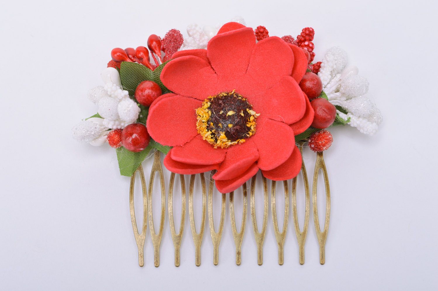 Handmade volume red hair comb with flowers and berries  photo 2