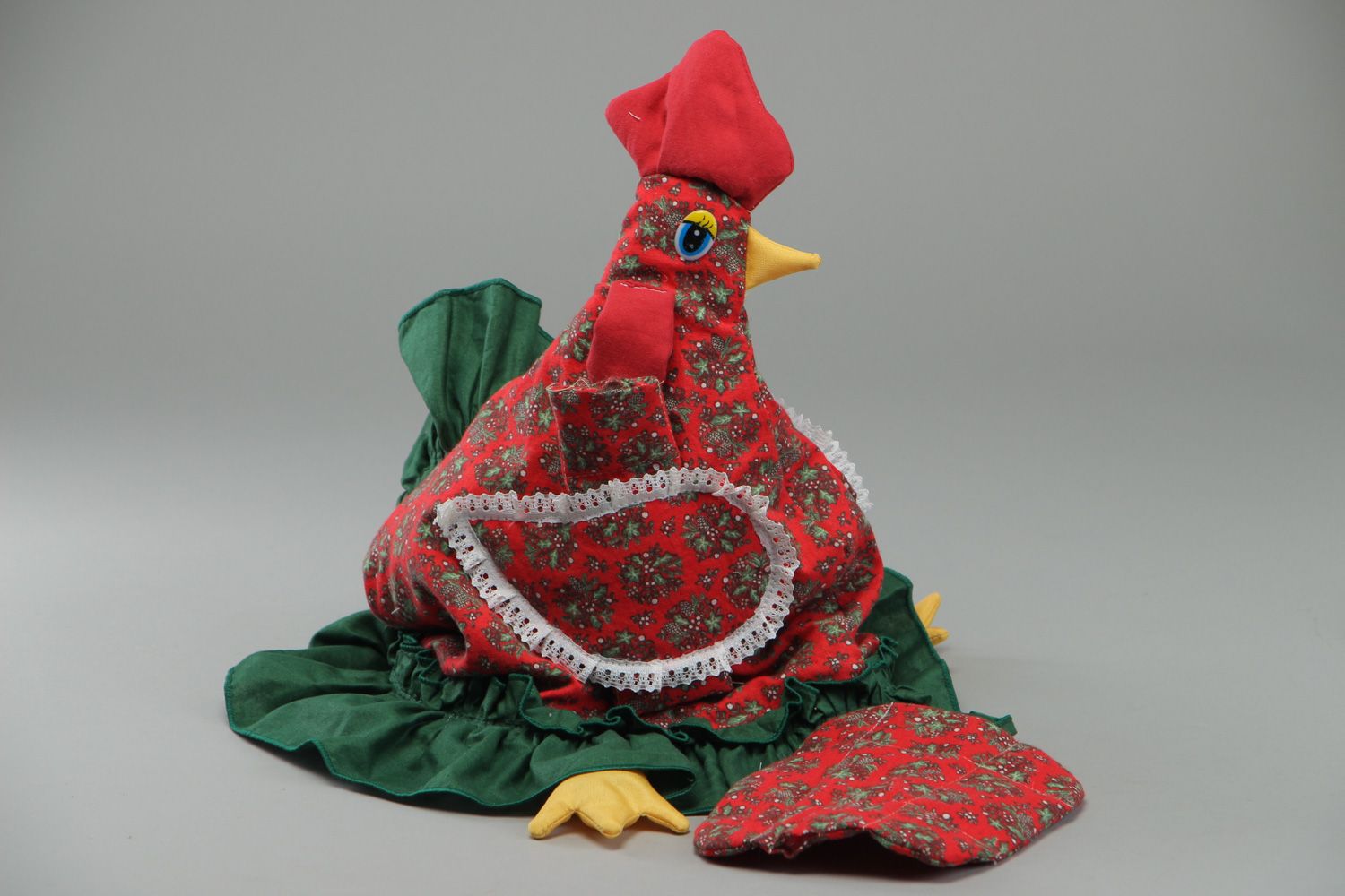 Grand couvre-théière artisanal textile avec maniques fait main en forme de poule photo 1
