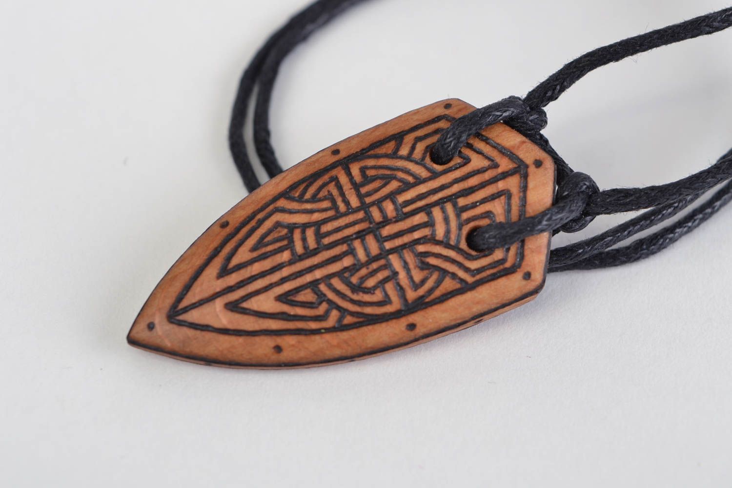 Beautiful designer handmade shield shaped wooden neck pendant with pyrography photo 4