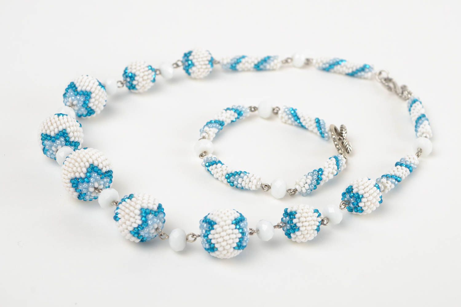 Bead set of necklace and chain bracelet in white and blue color. Great gift for girls photo 5