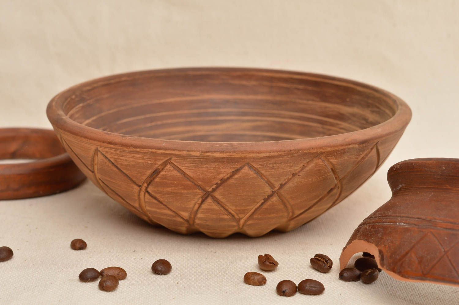 Bol en céramique creux brun à motifs original fait main joli large cadeau photo 1