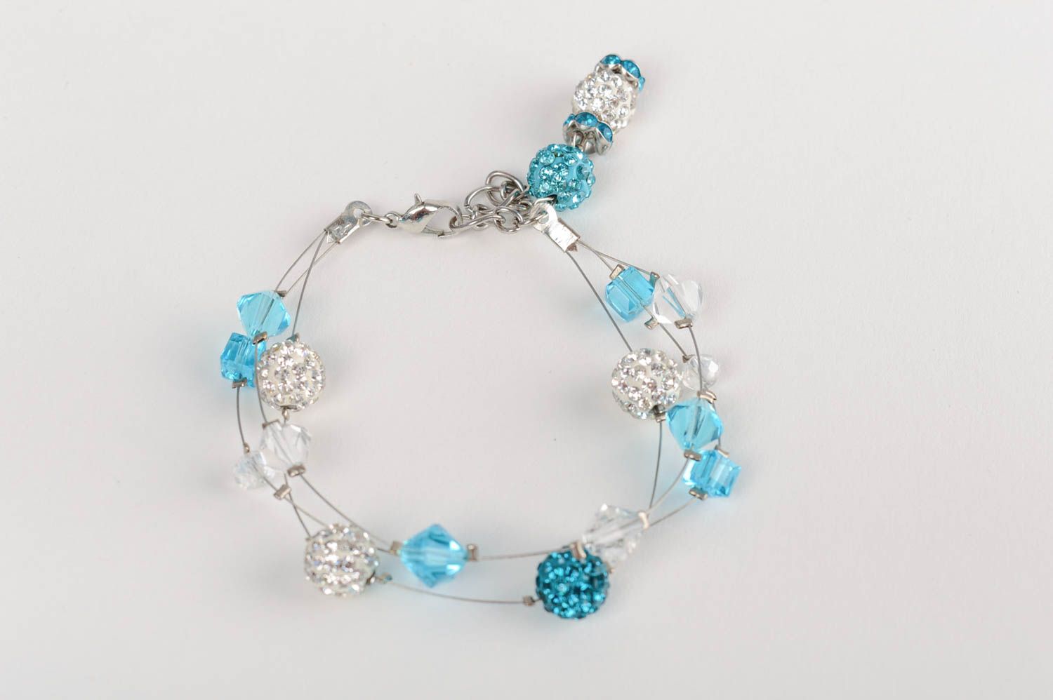 Handmade white and blue wrist bracelet with crystal beads with rhinestones  photo 4