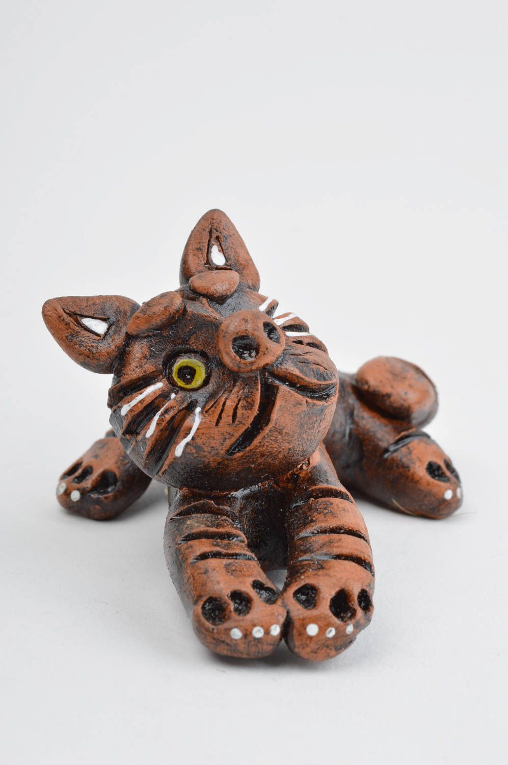 Keramik Katze handmade Dekoideen Wohnzimmer Kinder Geschenk in Braun ausgefallen foto 3