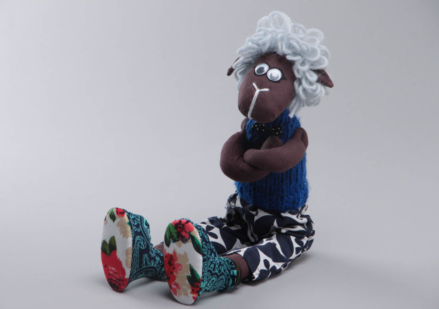 Handmade designer soft toy sewn of colorful cotton and jersey fabrics Lamb photo 2