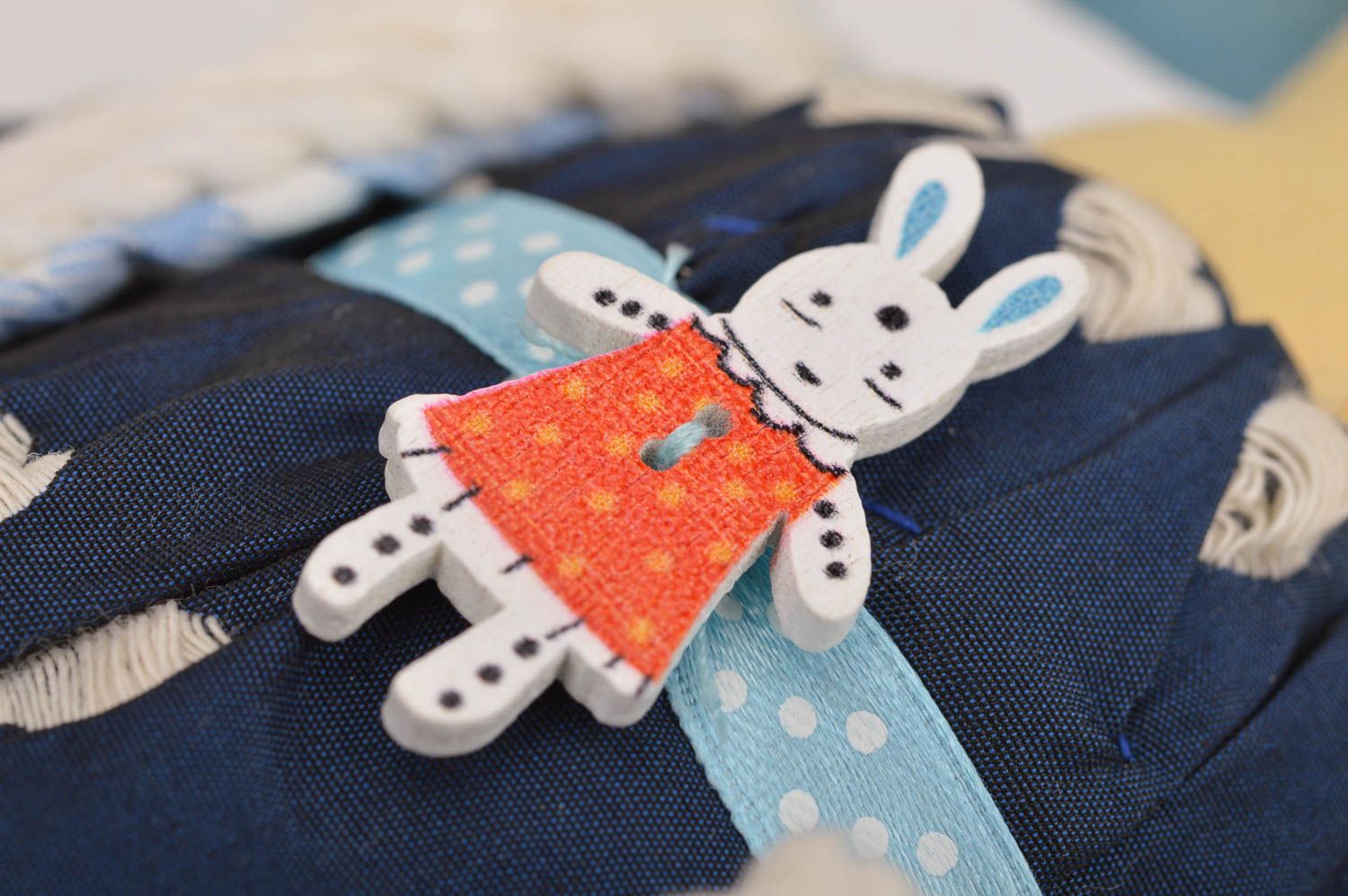 Handmade designer fabric soft toy rabbit in blue dress and white vest for kids photo 4